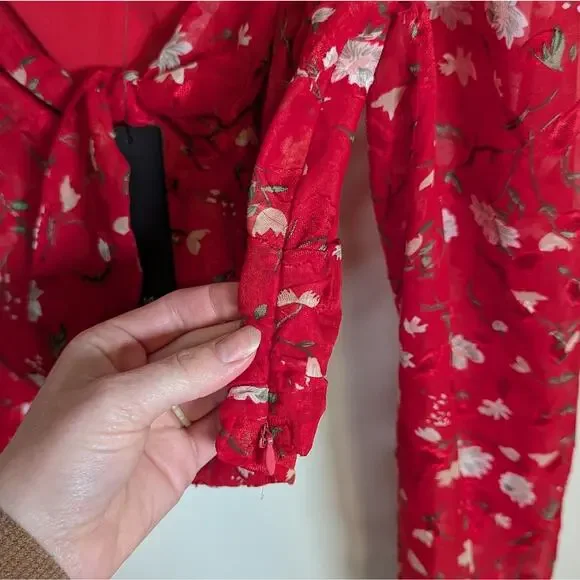 Lulu's red floral tie front long sleeve top - Picture 8 of 14